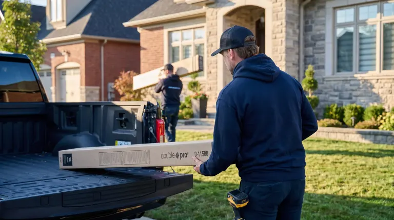 Installer fastening a black eavestrough under a residential roof