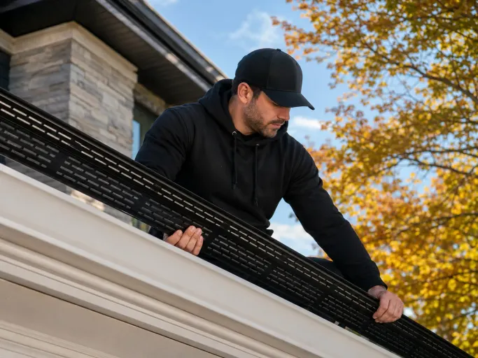 Black aluminum eavestrough corner in the rain