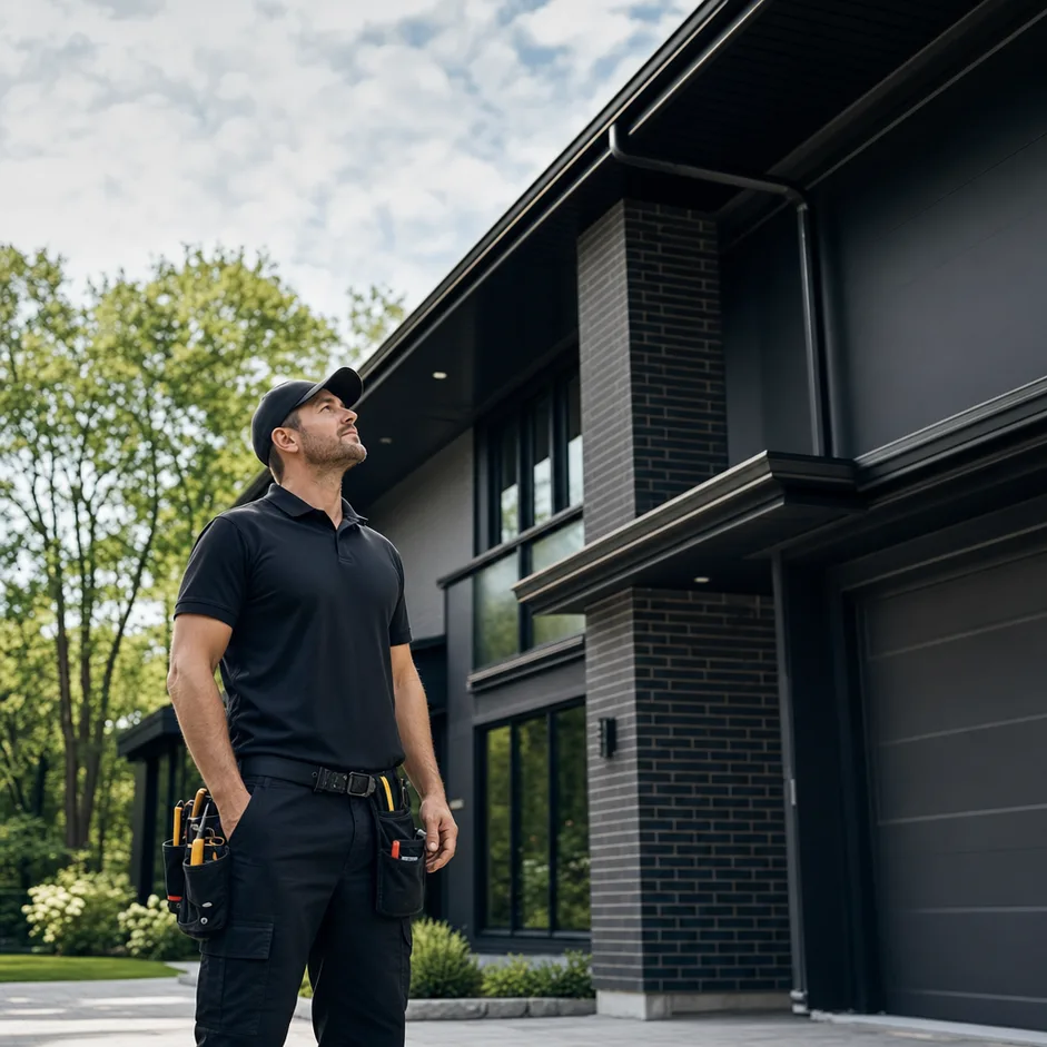 Eavestrough specialist inspecting a home's roofline